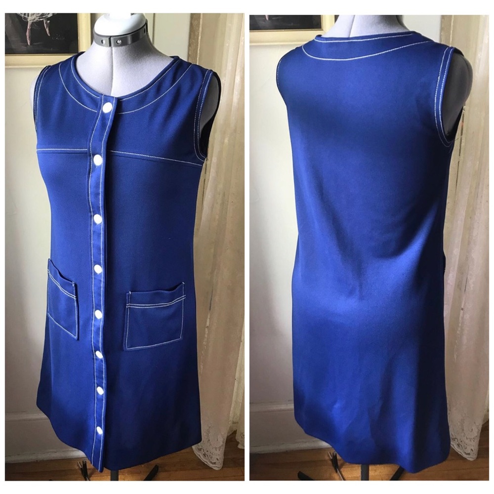 Vintage day dress, navy blue w/ white stitching